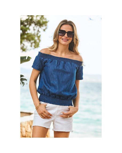 Sosandar Blue Shirred Waist Bardot Denim Top Cotton