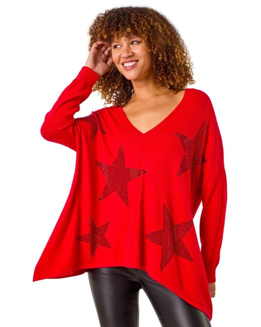 Roman Red Star Print Hanky Hem Knit Jumper