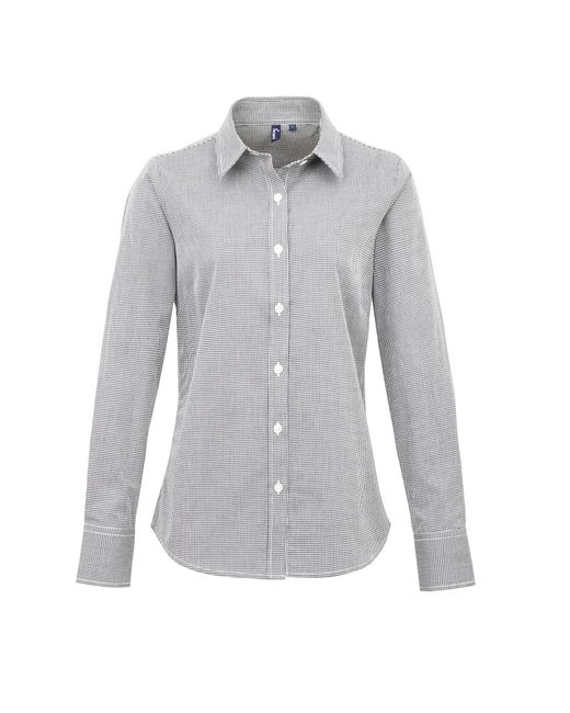 PREMIER Gray Ladies Microcheck Long Sleeve Shirt Cotton