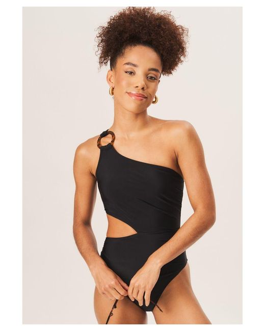 Gini London Black One Shoulder Ring Detail Cutout Swimsuit