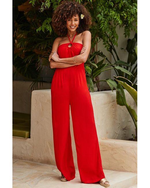 Sosandar Red Ring Detail Halter Neck Jumpsuit