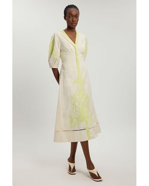 Karen Millen Natural Linen Blend Beaded Cutwork Midi Dress