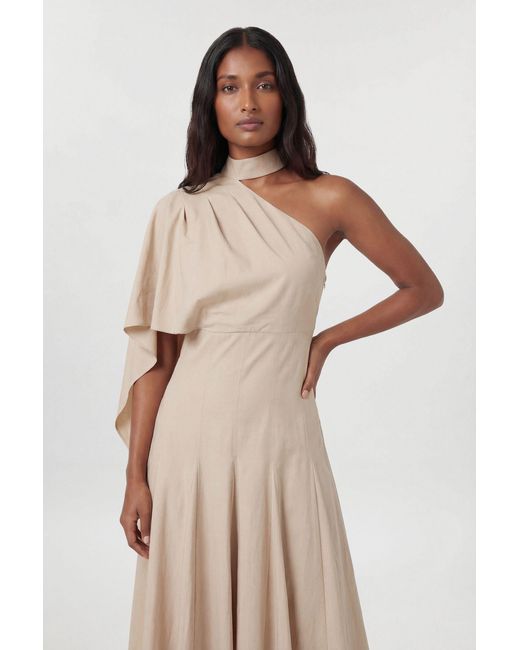 Karen Millen Natural Premium Tailored Linen High Neck One Shoulder Full Midi Dress