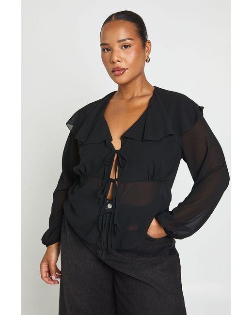 Boohoo Black Plus Tie Front Long Sleeve Blouse