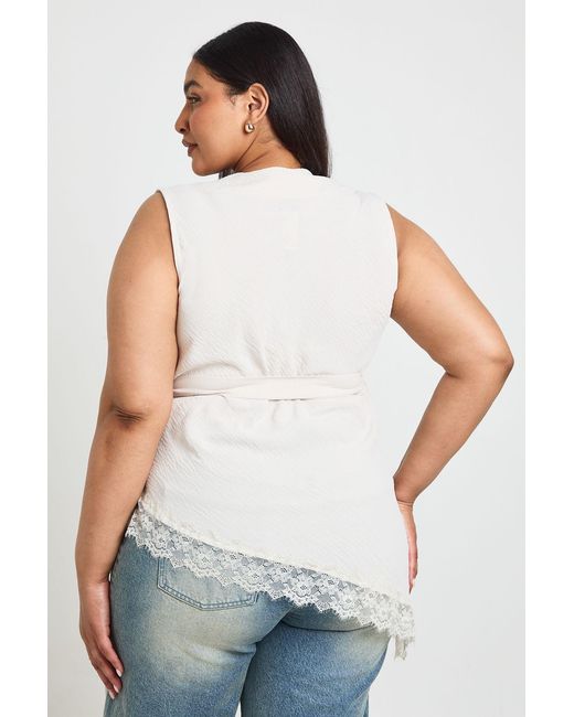 Boohoo White Plus Cowl Neck Tie Waist Lace Hem Asymmetric Top