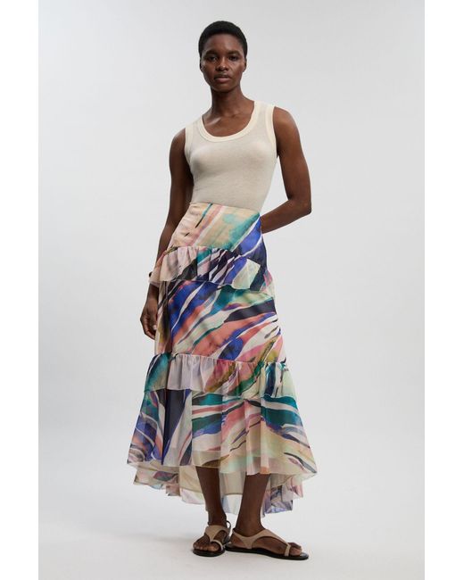 Karen Millen White Marble Print Crinkle Chiffon Woven Maxi Skirt