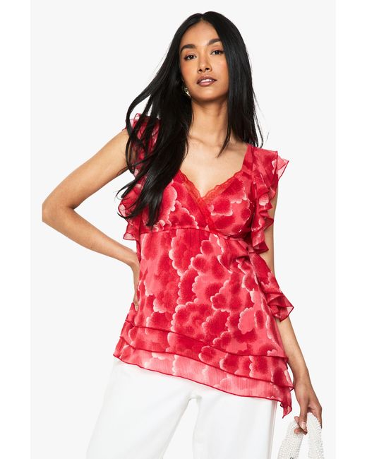 Boohoo Red Floral Chiffon Asymmetric Ruffle Blouse