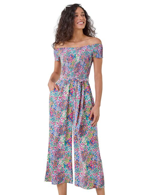 D.u.s.k Blue Floral Shirred Stretch Bardot Jumpsuit