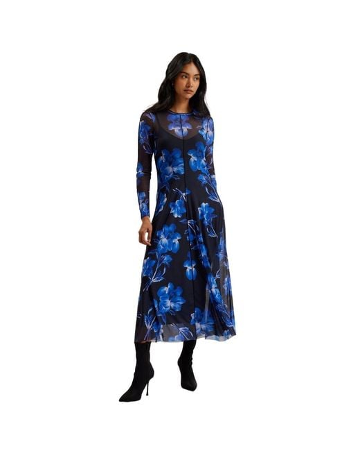 Ted Baker Blue Rozeen Mesh Long Sleeve Printed Midi Dress