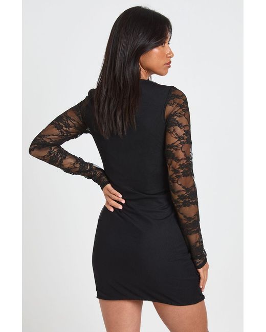 Boohoo Black Petite Lace Sleeve Square Neck Bodycon Dress