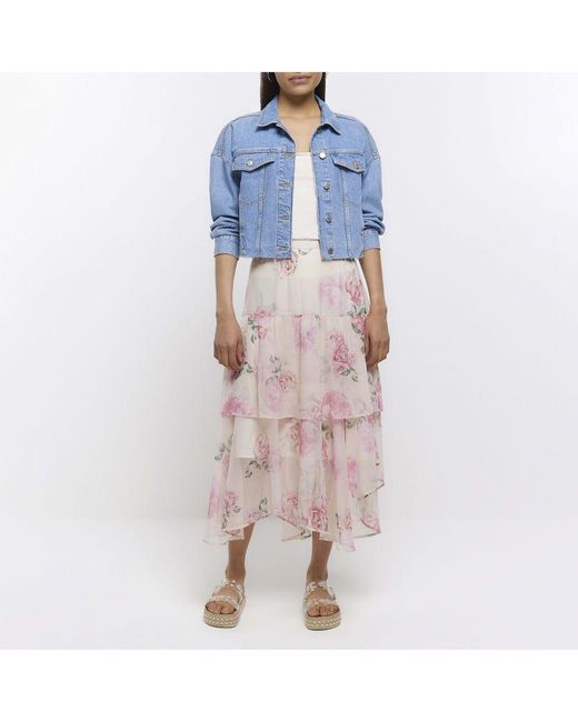 River Island Blue Midi Skirt Floral Tiered