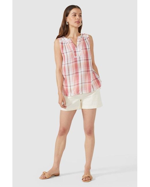 MAINE Pink Check Sleeveless Notch Neck Top