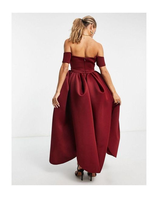 ASOS Red Off Shoulder Mesh Insert Cocoon Maxi Prom Dress