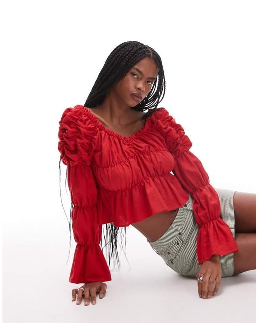 laagam Red Sadie Linen Ruched Blouse