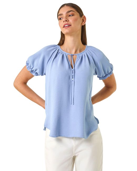 Roman Blue Shirred Tie Front Neck Top