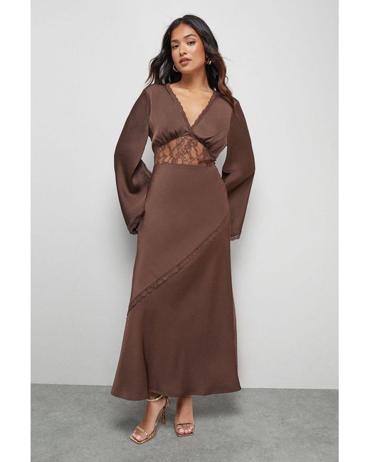 Oasis Brown Petite Satin Lace Insert Flute Sleeve Midi Dress
