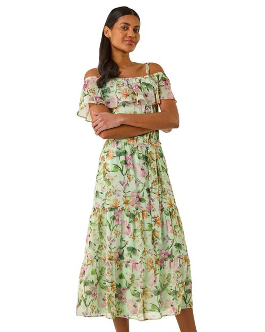 Roman Green Floral Print Bardot Midi Dress
