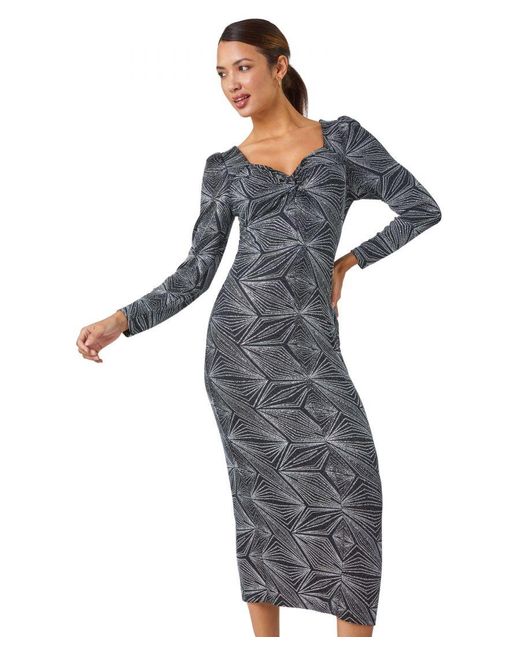 Roman Metallic Geometric Glitter Print Midi Stretch Dress