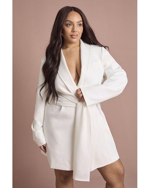 Boohoo Natural Plus Tie Waist Obi Blazer Dress