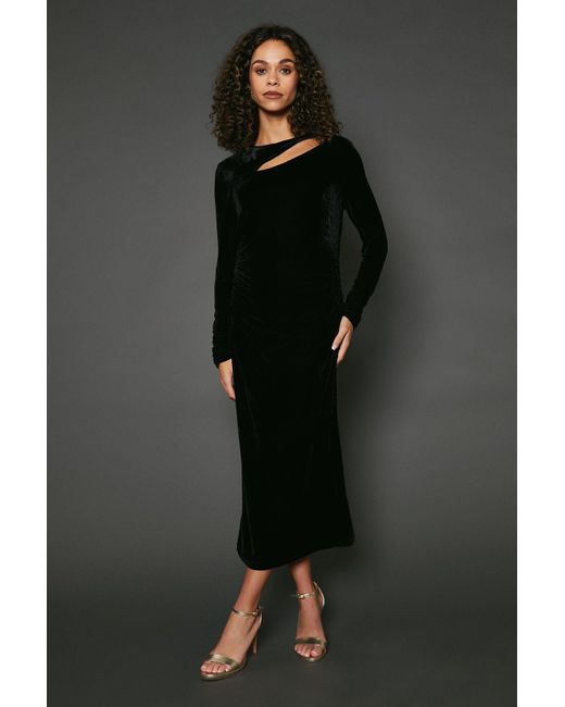 PRINCIPLES Black Velvet Asymmetric Cut Out Midaxi Dress
