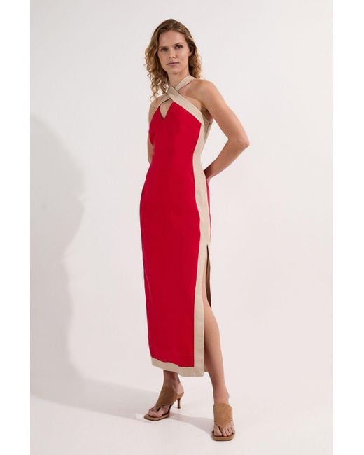Karen Millen Red Contrast Linen Halter Neck Woven Maxi Dress