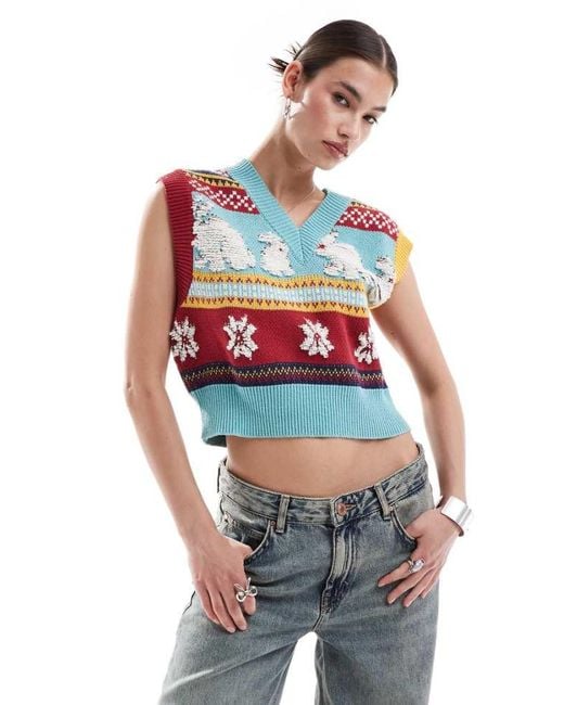 Urban Revivo White V-Neck Rabbit Intarsia Knitted Vest Top