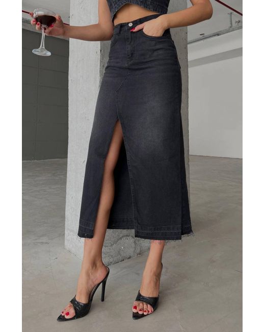 Hiccup Black Denim High Waist Midi Skirt With A Front Slit