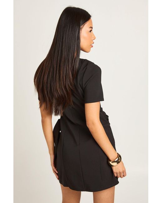 Boohoo Black Petite Belted Wrap Trim Detail Shift Dress