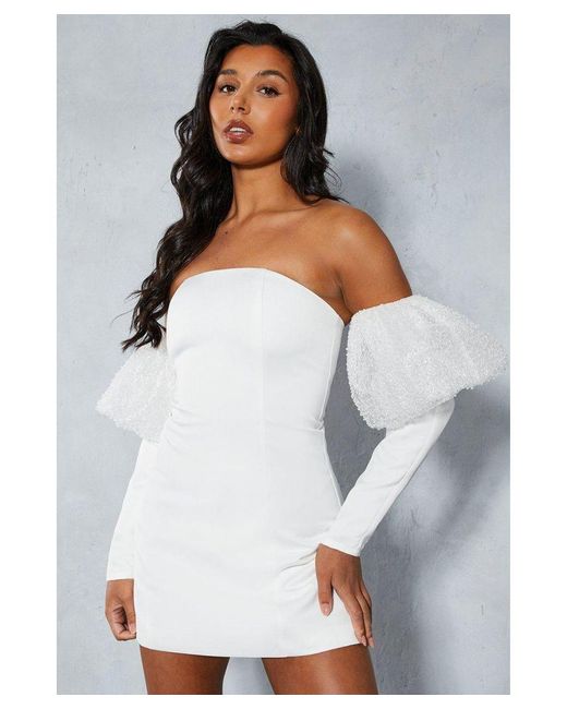 MissPap White Satin Bardot Embellished Puff Sleeve Mini Dress