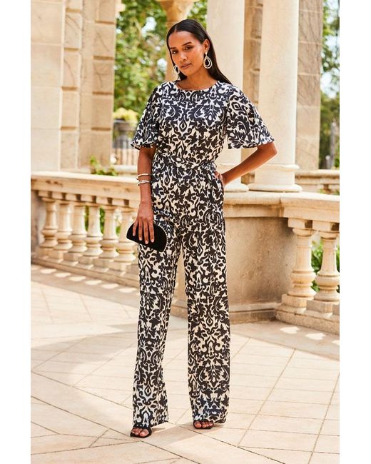 Sosandar Natural Mono Print Satin Angel Sleeve Wide Leg Jumpsuit