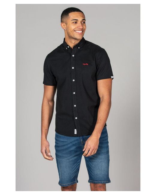 Tokyo Laundry Black Cotton Short Sleeved Button-Up Oxford Shirt for men