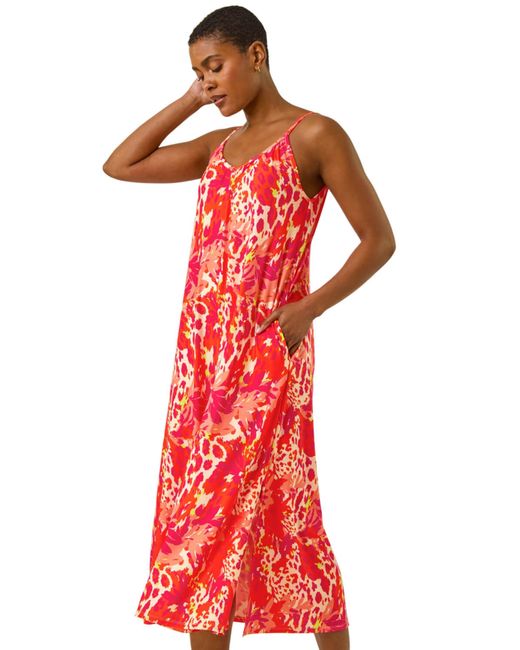 Roman Red Abstract Print Swing Midi Stretch Dress