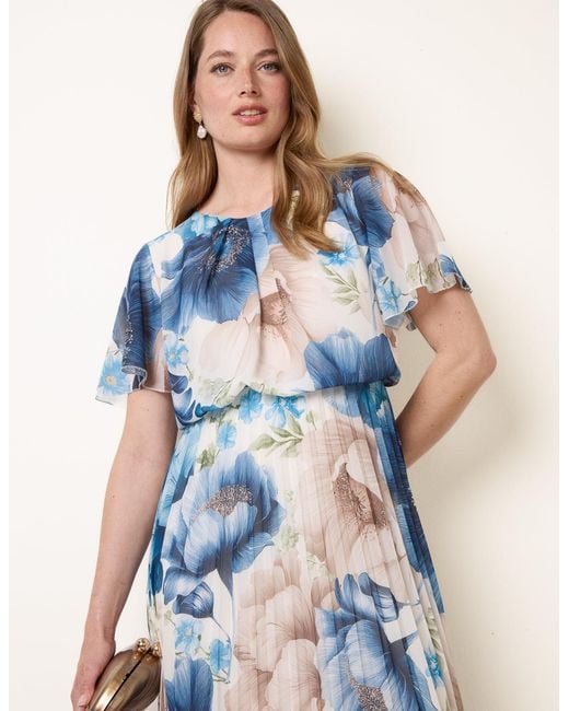 Blue Vanilla Blue Pleated Scoop Neck Short Sleeve Floral Dress