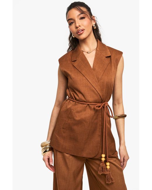 Boohoo Brown Tailored Linen Look Longline Belted Waistcoat