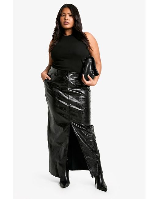 Boohoo Black Plus Croc Pu Split Front Maxi Skirt