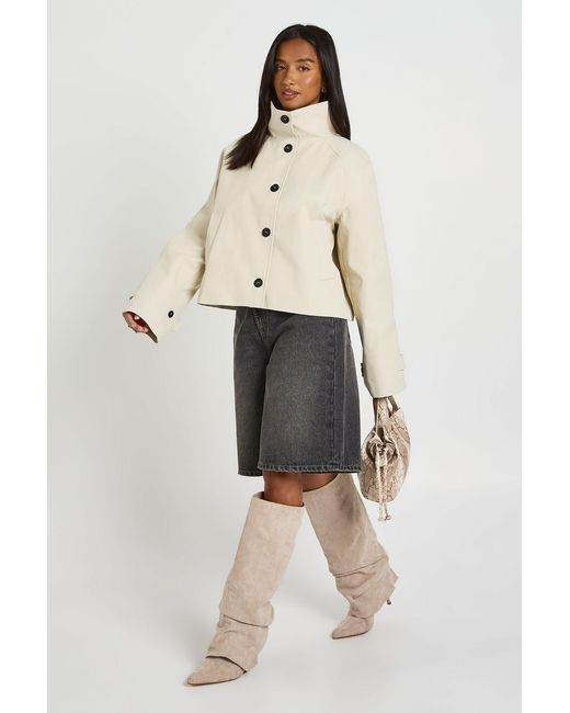 Boohoo Natural Petite Funnel Neck Button Up Trench Coat