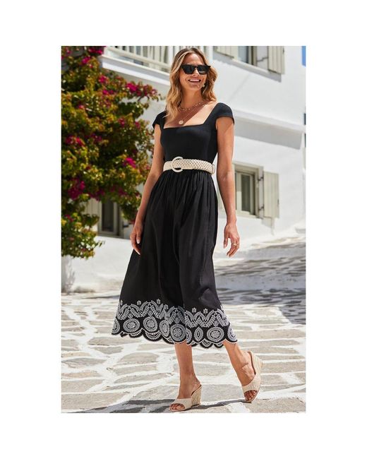 Sosandar Black Embroidered Hem Square Neckline Midi Dress