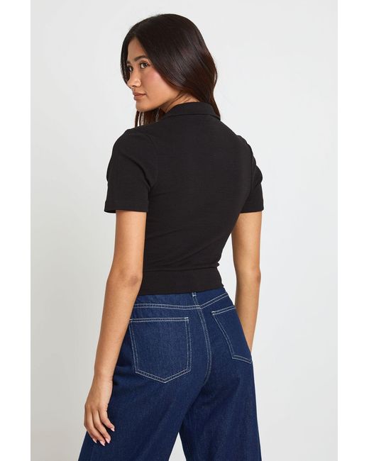 Boohoo Black Heavy Cotton Collared V Neck Short Sleeve Top