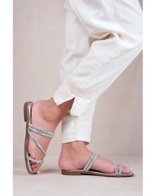 Where's That From Pink 'Dream' Extra Wide Strappy Flat Slider Sandals With Diamante Detail