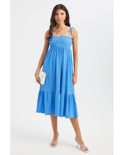 Hiccup Blue Square Neck Tie Strap Smocked Midi Dress With A Tiered