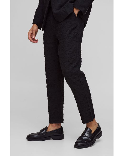 BoohooMAN Black Tapered Fit Jacquard Textured Suit Pants for men