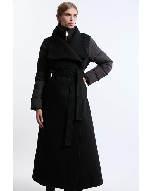 Karen Millen Black Wool Blend Hybrid Puffer Belted Midi Coat