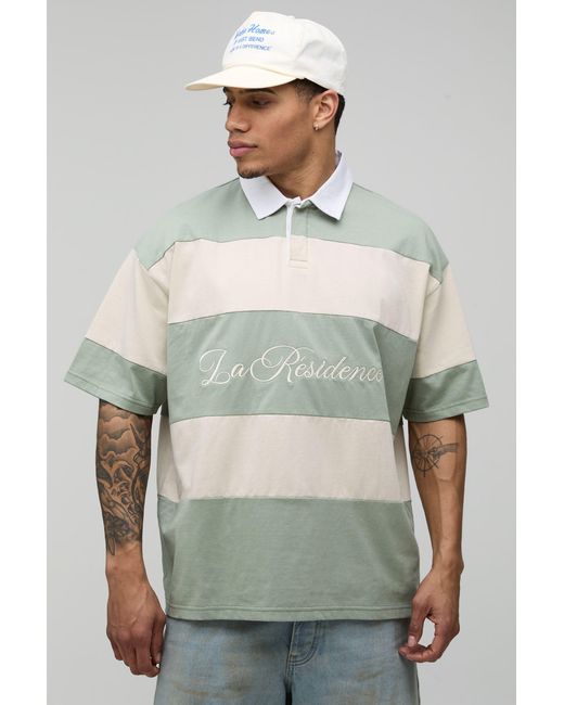 BoohooMAN Green Oversized La Residence Embroidered Stripe Rugby Polo for men