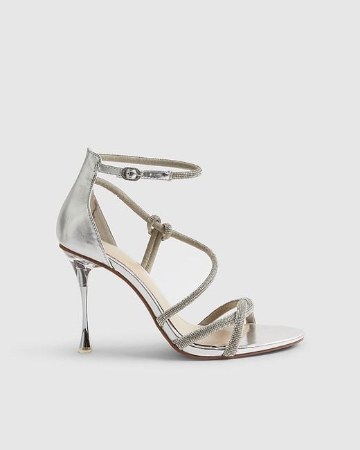 River Island White Sandals Embellished Strappy Buckle Heeled Shoes Textile