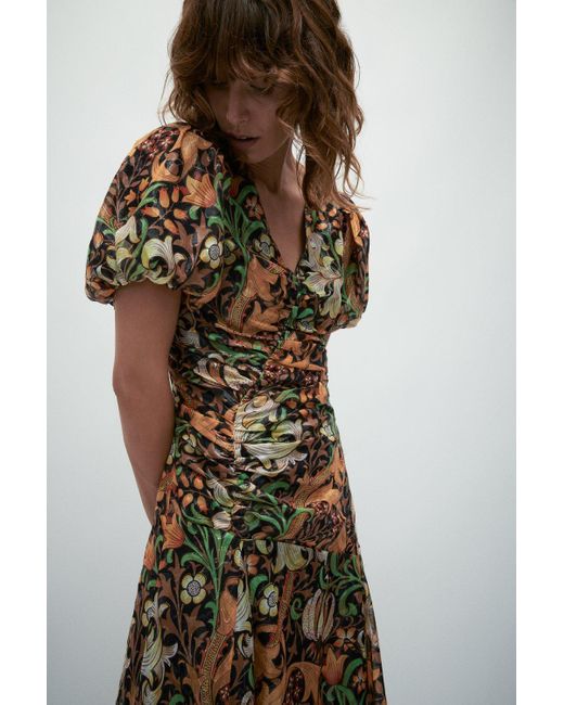 Warehouse Multicolor Wh X William Morris Society Sparkle Ruched Midi Dress
