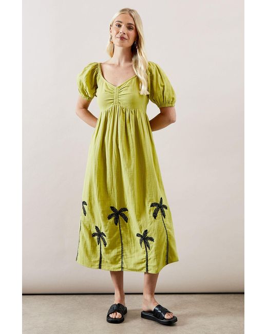 Wallis Green Petite Palm Embroidered Textured Midi Dress