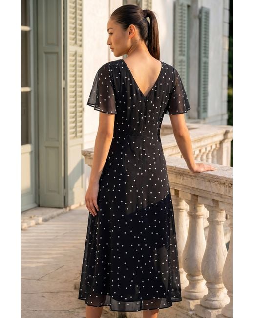 Roman Black Petite Spot Dot Chiffon Dress
