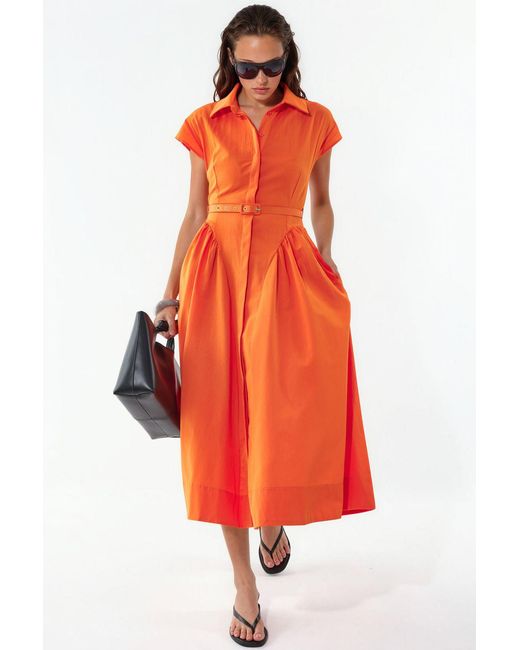 Busem Red Belted Midi Dress With Shirt Collar