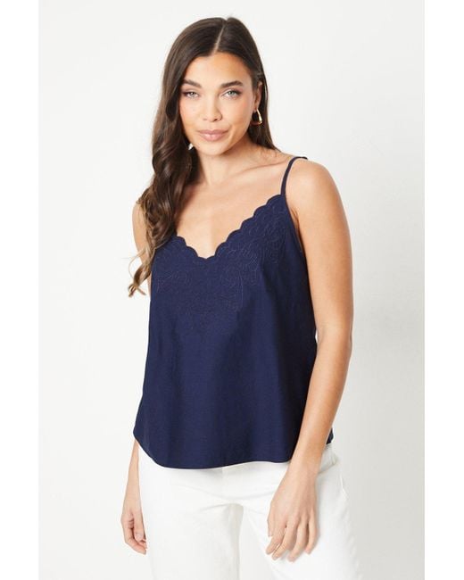 Oasis Blue Petite Cotton Poplin Embroidered Scallop Edge Cami