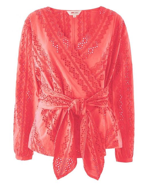 Marks & Spencer Red Broderie Anglais Wrap Blouse Cotton
